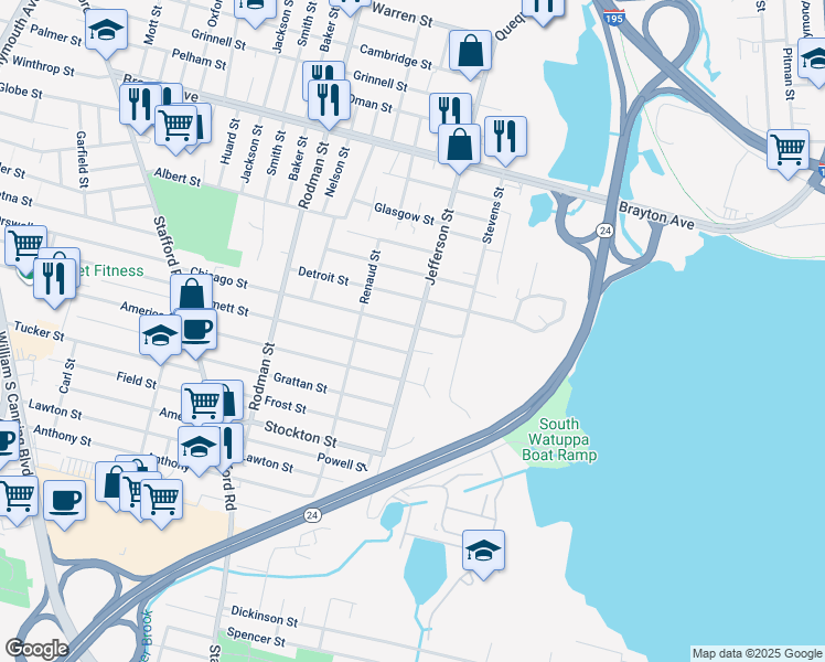 map of restaurants, bars, coffee shops, grocery stores, and more near 635 Jefferson Street in Fall River