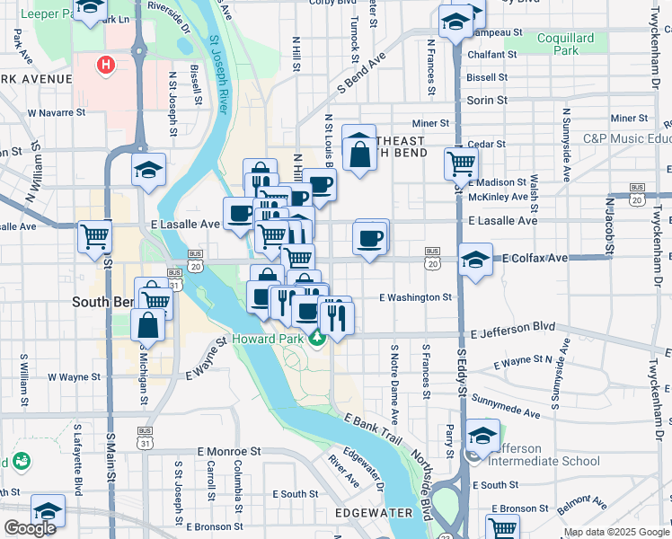 map of restaurants, bars, coffee shops, grocery stores, and more near 130 North Saint Louis Boulevard in South Bend