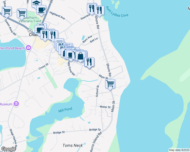 map of restaurants, bars, coffee shops, grocery stores, and more near 331 Main Street in Chatham