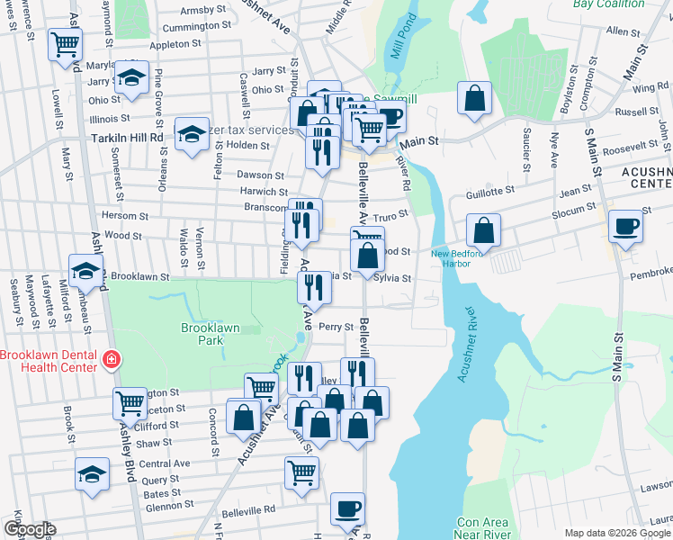 map of restaurants, bars, coffee shops, grocery stores, and more near 132 Brightman Street in New Bedford