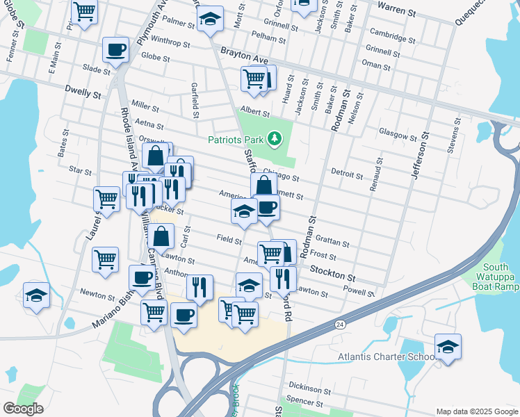 map of restaurants, bars, coffee shops, grocery stores, and more near 835 Stafford Road in Fall River