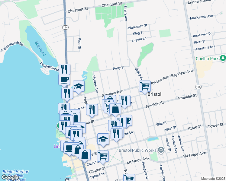 map of restaurants, bars, coffee shops, grocery stores, and more near 75 Bayview Avenue in Bristol