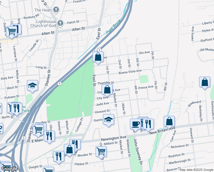 map of restaurants, bars, coffee shops, grocery stores, and more near 35 Thorniley Street in New Britain