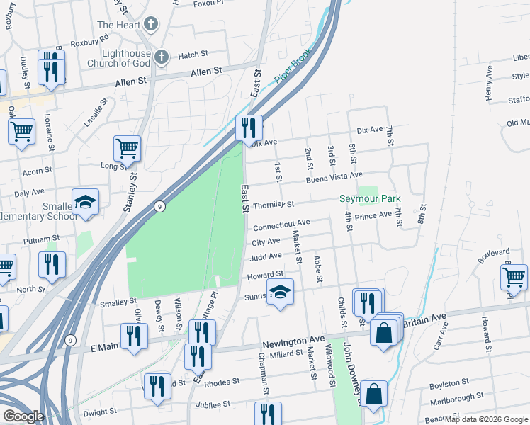 map of restaurants, bars, coffee shops, grocery stores, and more near 35 Thorniley Street in New Britain