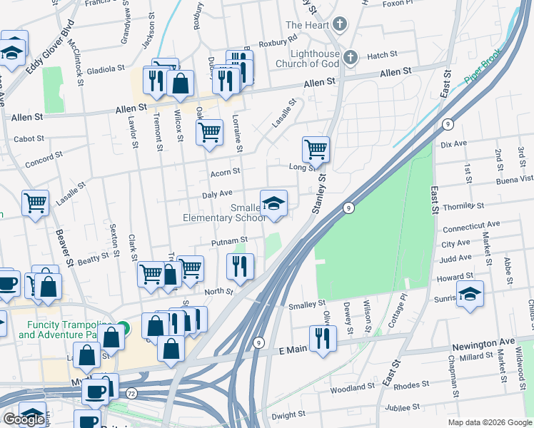 map of restaurants, bars, coffee shops, grocery stores, and more near 152 West Street in New Britain