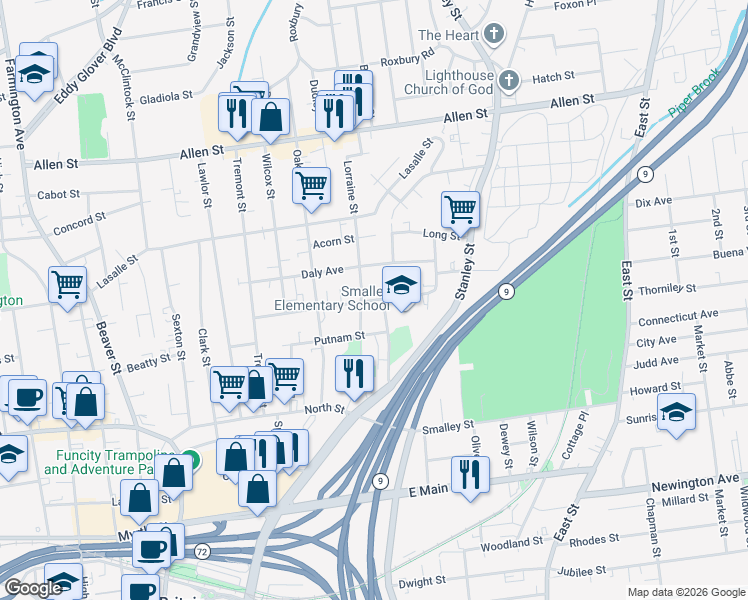 map of restaurants, bars, coffee shops, grocery stores, and more near 152 West Street in New Britain