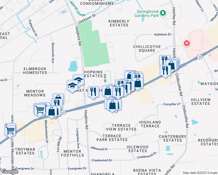 map of restaurants, bars, coffee shops, grocery stores, and more near 9151 Mentor Avenue in Mentor