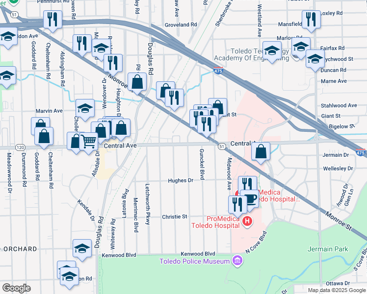 map of restaurants, bars, coffee shops, grocery stores, and more near 3037 Algonquin Parkway in Toledo