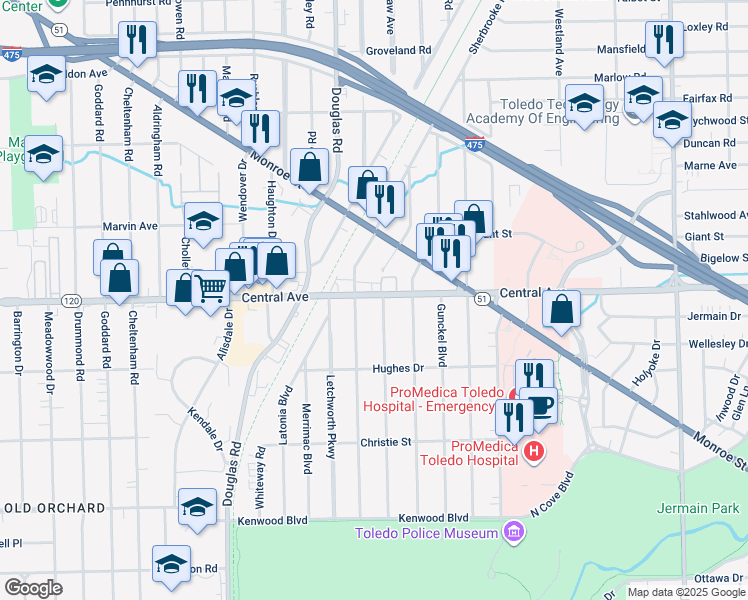 map of restaurants, bars, coffee shops, grocery stores, and more near 3038 Sherbrooke Road in Toledo