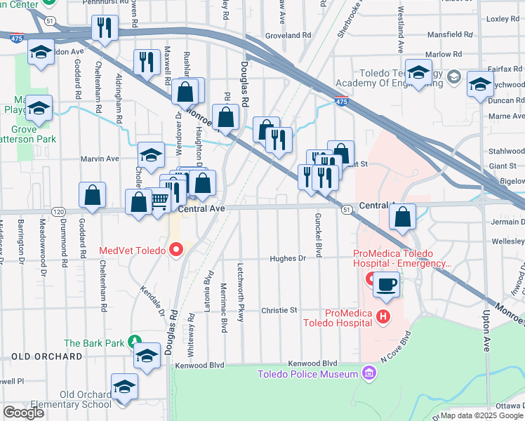 map of restaurants, bars, coffee shops, grocery stores, and more near 3038 Sherbrooke Road in Toledo