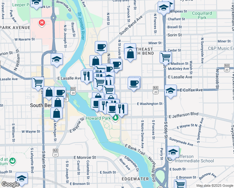 map of restaurants, bars, coffee shops, grocery stores, and more near 123 North Hill Street in South Bend