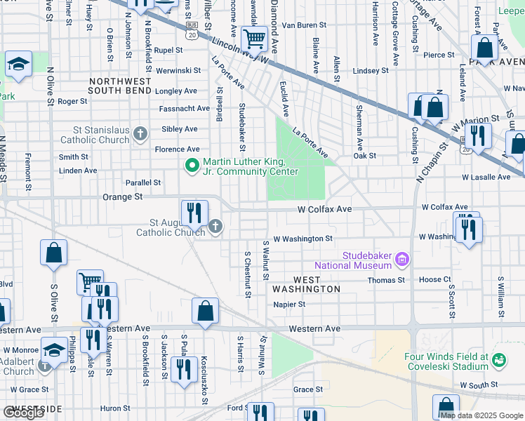 map of restaurants, bars, coffee shops, grocery stores, and more near 1308 West Colfax Avenue in South Bend