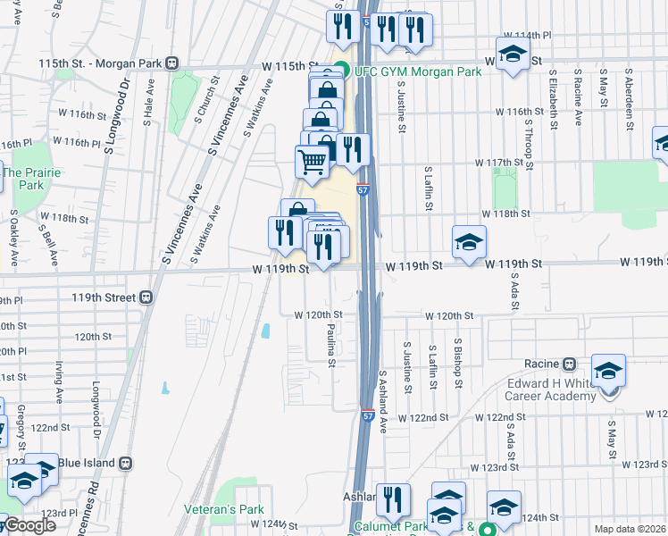 map of restaurants, bars, coffee shops, grocery stores, and more near 11900 South Marshfield Avenue in Calumet Park
