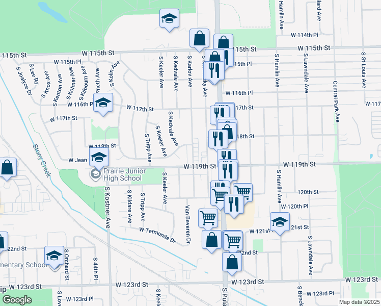 map of restaurants, bars, coffee shops, grocery stores, and more near 4155 West 118th Place in Alsip