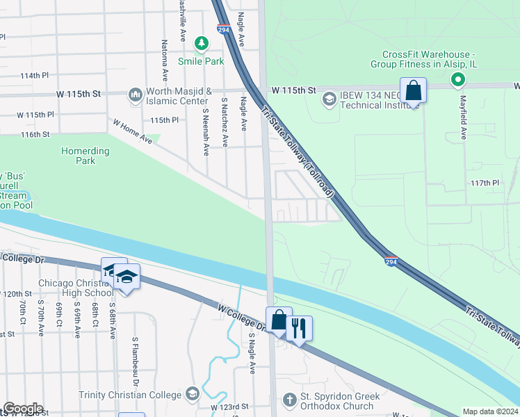 map of restaurants, bars, coffee shops, grocery stores, and more near 11740 South Ridgeland Avenue in Worth