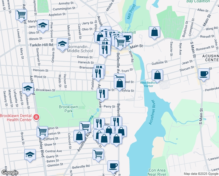 map of restaurants, bars, coffee shops, grocery stores, and more near 132 Brightman Street in New Bedford