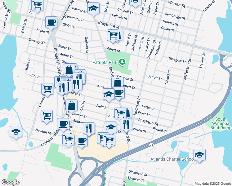 map of restaurants, bars, coffee shops, grocery stores, and more near 835 Stafford Road in Fall River