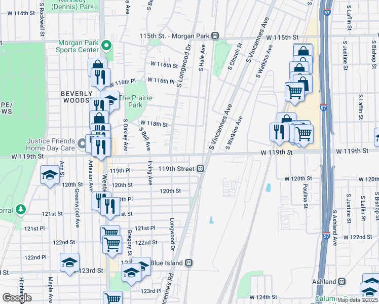map of restaurants, bars, coffee shops, grocery stores, and more near 2106 119th Street in Chicago