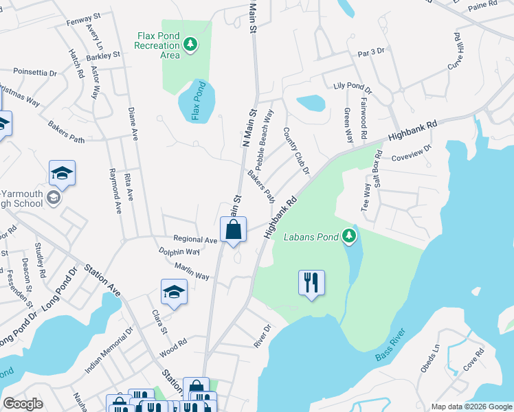 map of restaurants, bars, coffee shops, grocery stores, and more near 15 Bakers Path in Yarmouth