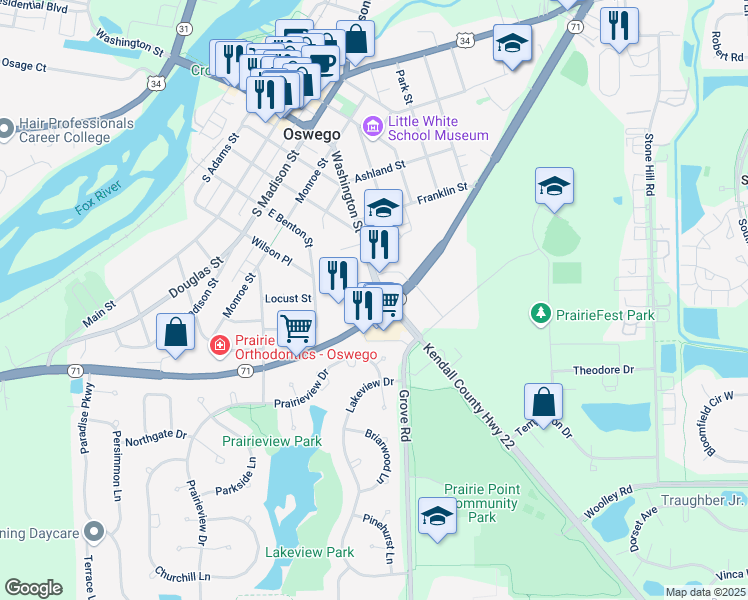 map of restaurants, bars, coffee shops, grocery stores, and more near 227 East Washington Street in Oswego