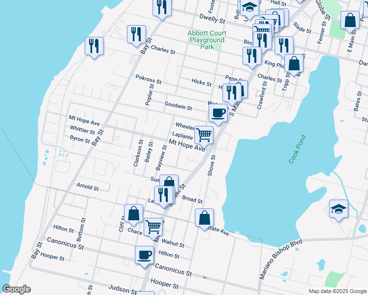 map of restaurants, bars, coffee shops, grocery stores, and more near 605 Mount Hope Avenue in Fall River