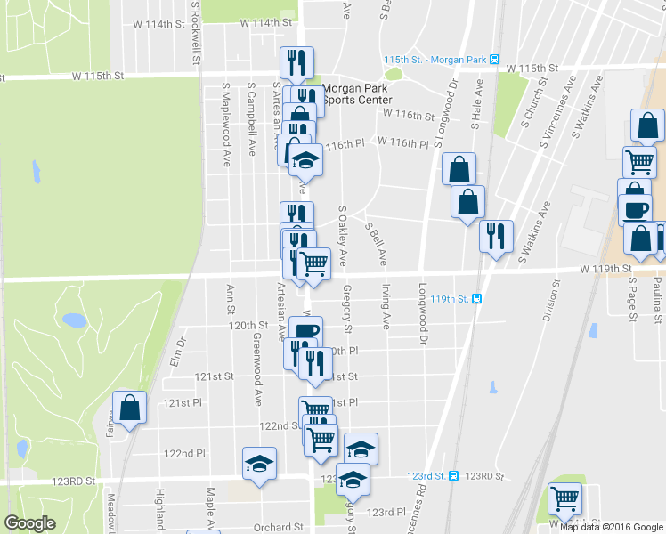 map of restaurants, bars, coffee shops, grocery stores, and more near 11860 S Oakley Ave in Chicago
