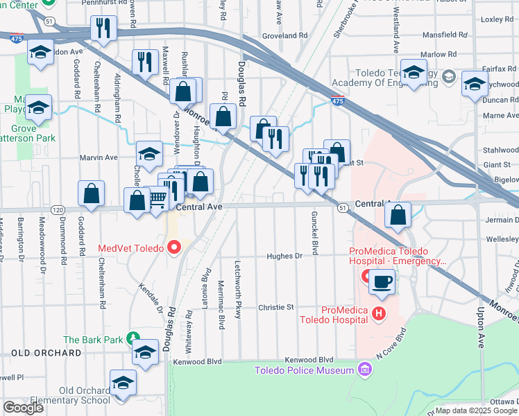 map of restaurants, bars, coffee shops, grocery stores, and more near 3038 Sherbrooke Road in Toledo