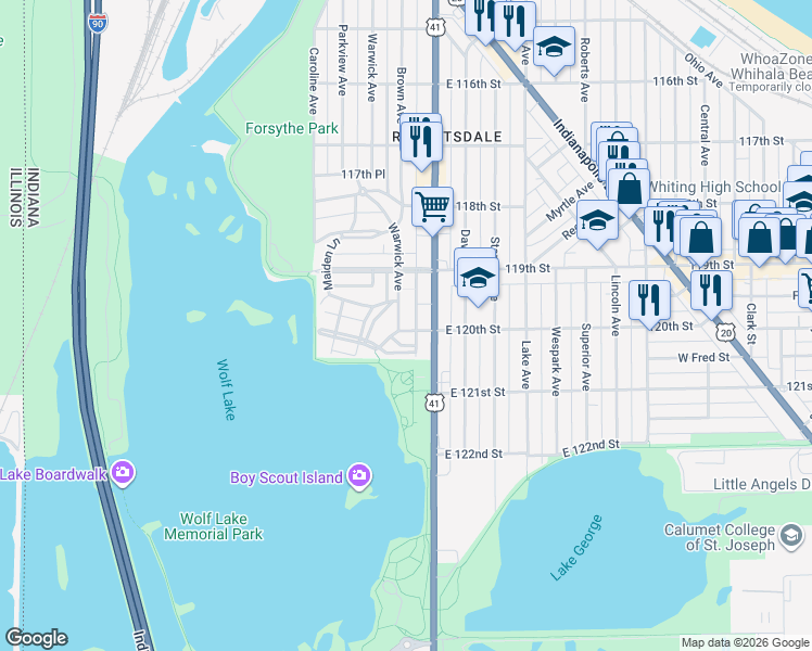 map of restaurants, bars, coffee shops, grocery stores, and more near 1945 Warwick Avenue in Whiting