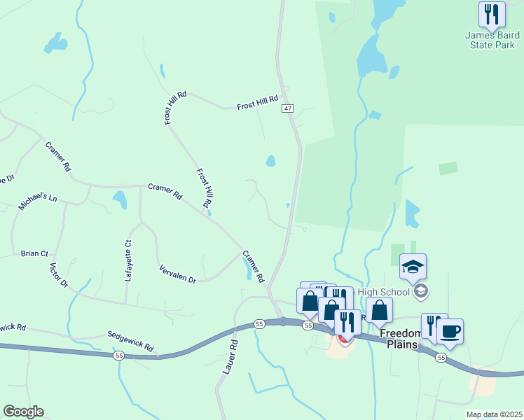 map of restaurants, bars, coffee shops, grocery stores, and more near 23 Freedom Road in Poughkeepsie