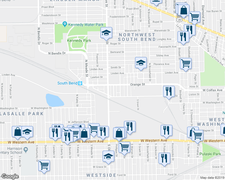 map of restaurants, bars, coffee shops, grocery stores, and more near 121 North Carlisle Street in South Bend