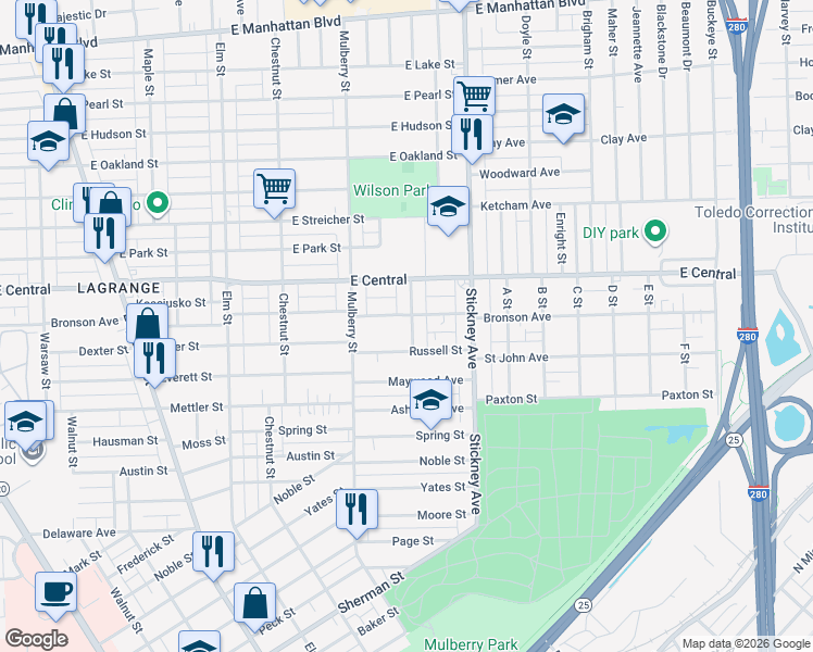 map of restaurants, bars, coffee shops, grocery stores, and more near 2923 Higgins Street in Toledo