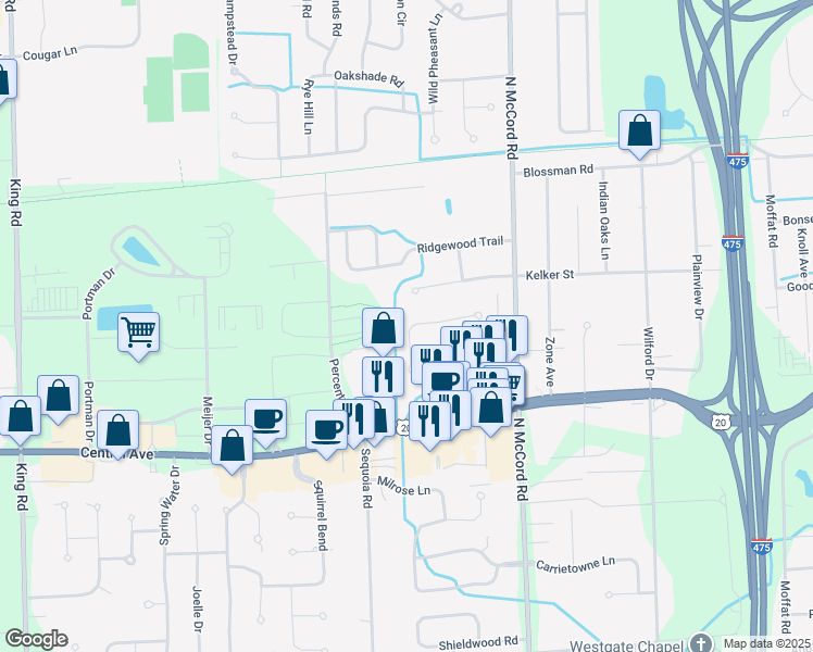 map of restaurants, bars, coffee shops, grocery stores, and more near 3249 Woodbrook Road in Toledo