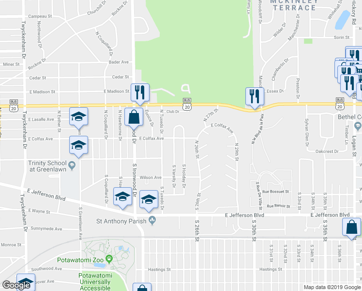 map of restaurants, bars, coffee shops, grocery stores, and more near 133 North Holiday Drive in South Bend