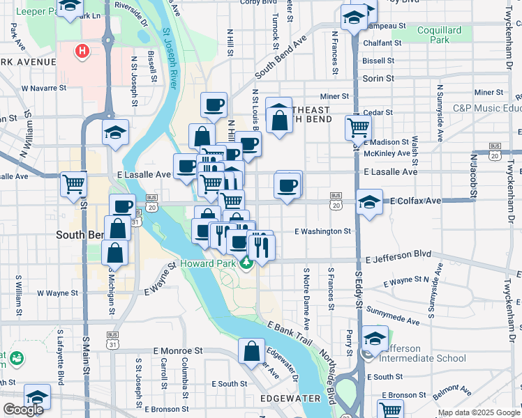 map of restaurants, bars, coffee shops, grocery stores, and more near 122 North Saint Louis Boulevard in South Bend