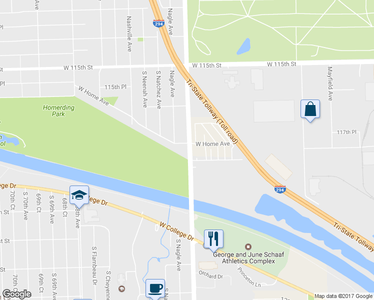 map of restaurants, bars, coffee shops, grocery stores, and more near 11740 South Ridgeland Avenue in Worth