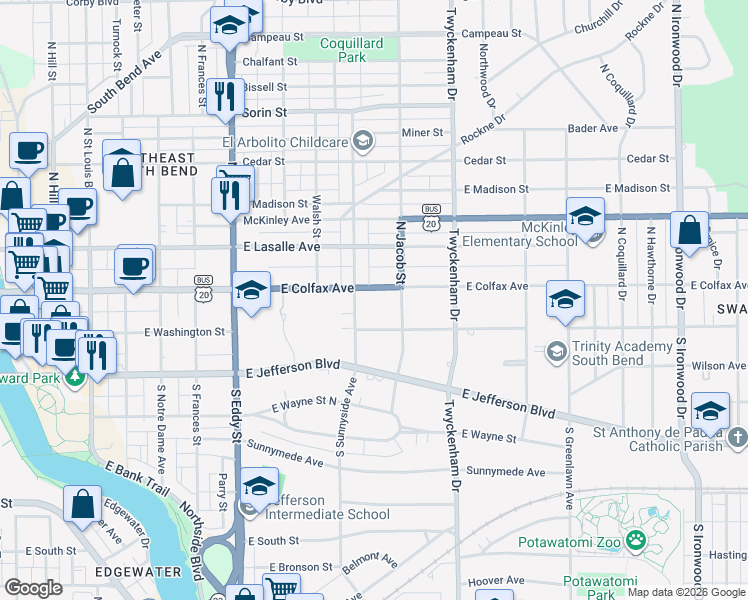 map of restaurants, bars, coffee shops, grocery stores, and more near 1324 East Colfax Avenue in South Bend