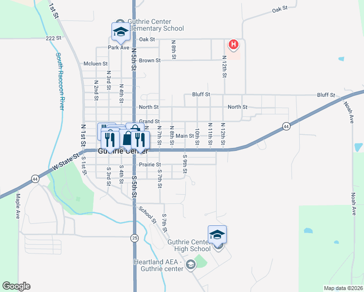 map of restaurants, bars, coffee shops, grocery stores, and more near 100 North 8th Street in Guthrie Center