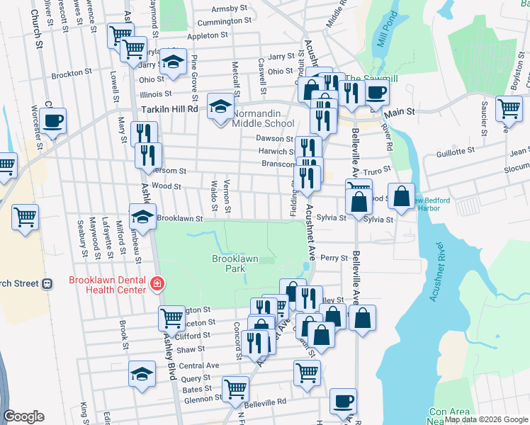map of restaurants, bars, coffee shops, grocery stores, and more near 11 Sowle Street in New Bedford