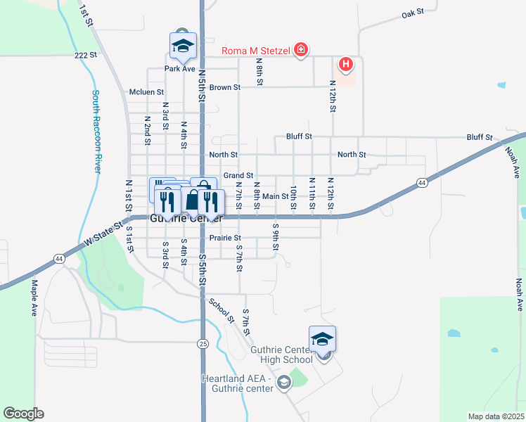 map of restaurants, bars, coffee shops, grocery stores, and more near 100 North 8th Street in Guthrie Center