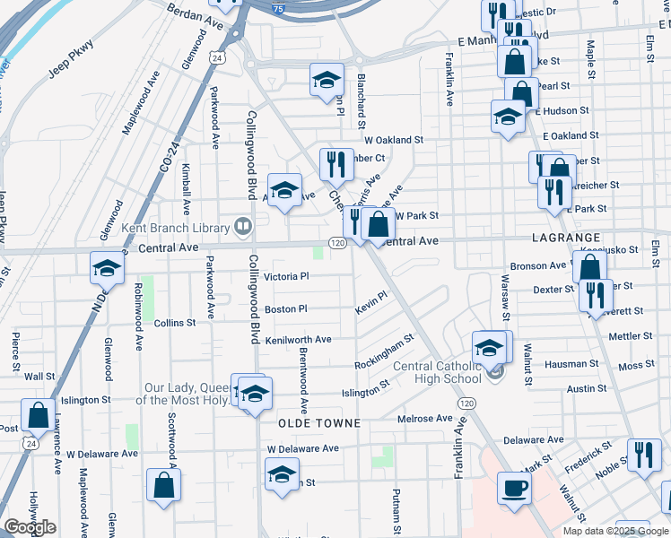 map of restaurants, bars, coffee shops, grocery stores, and more near 318 Victoria Place in Toledo