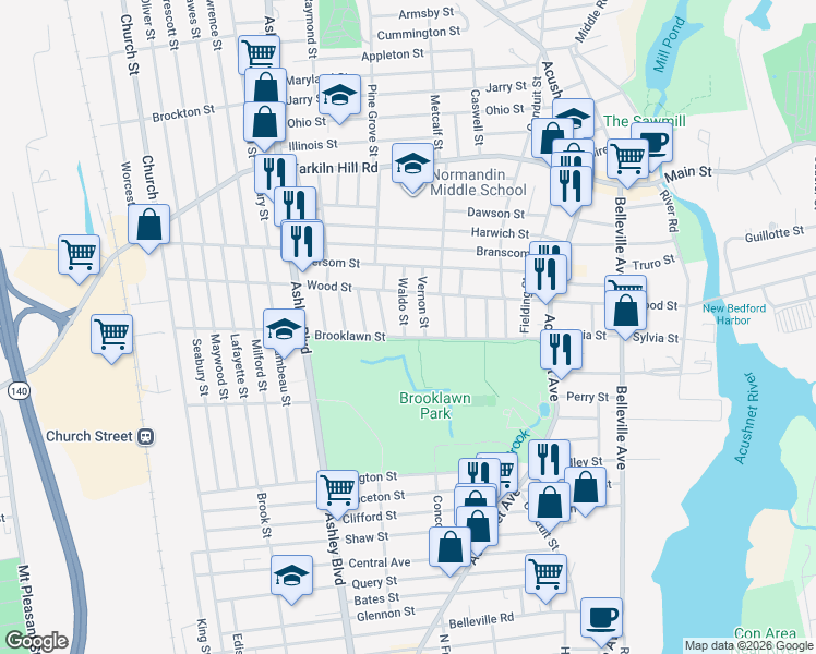 map of restaurants, bars, coffee shops, grocery stores, and more near 10 Waldo Street in New Bedford
