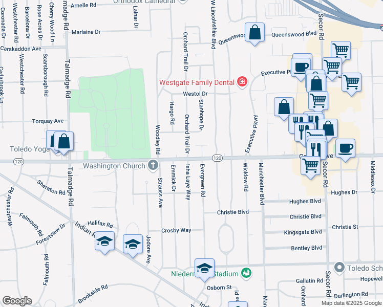 map of restaurants, bars, coffee shops, grocery stores, and more near 3112 Orchard Trail Drive in Toledo