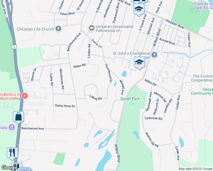 map of restaurants, bars, coffee shops, grocery stores, and more near 32 Thornwood Drive in Poughkeepsie