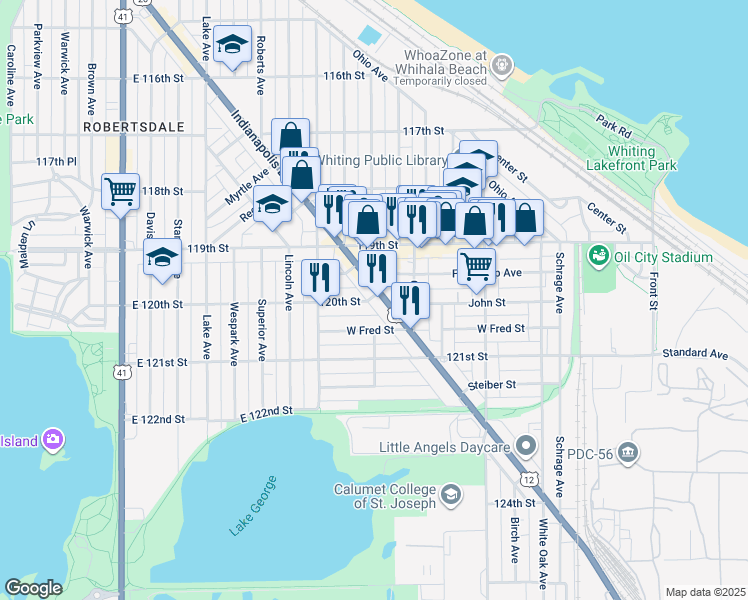 map of restaurants, bars, coffee shops, grocery stores, and more near 2000 Indianapolis Boulevard in Whiting