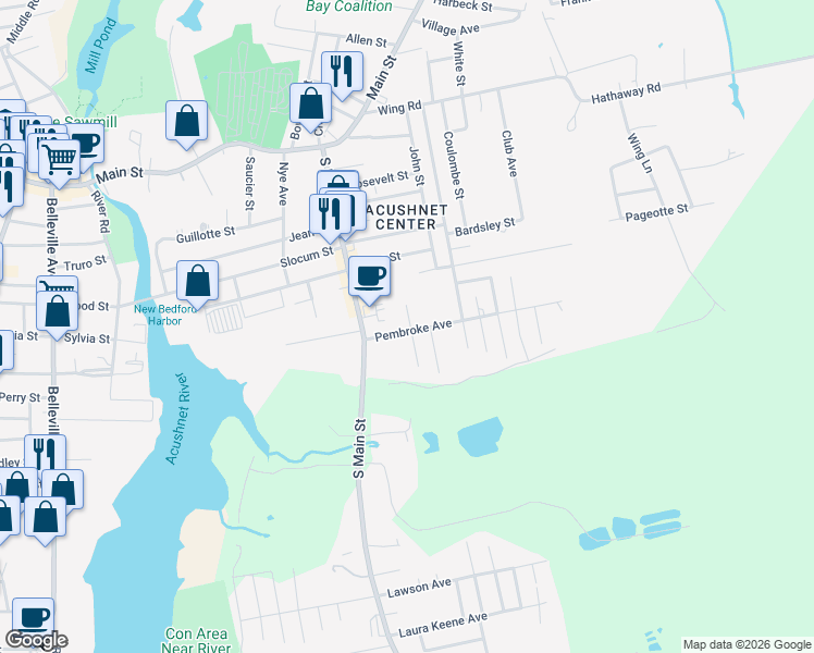 map of restaurants, bars, coffee shops, grocery stores, and more near 23 Pembroke Avenue in Acushnet