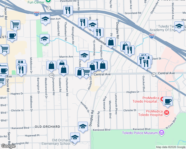 map of restaurants, bars, coffee shops, grocery stores, and more near 272529 Central Avenue in Toledo