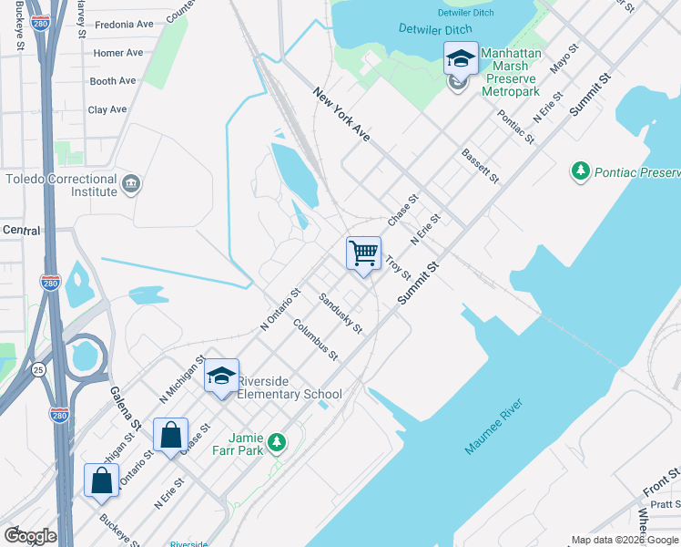 map of restaurants, bars, coffee shops, grocery stores, and more near 501 Cleveland Street in Toledo