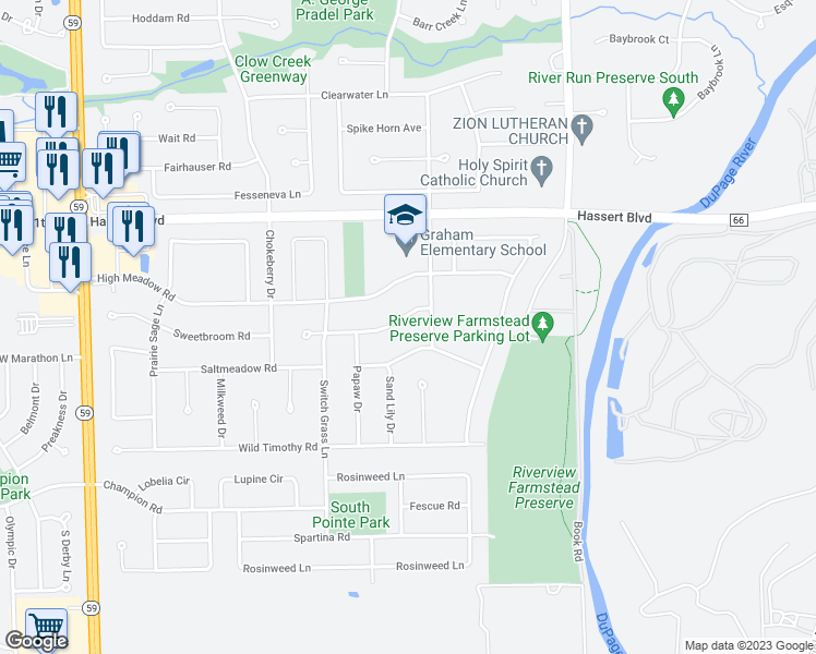 map of restaurants, bars, coffee shops, grocery stores, and more near 2316 Indian Grass Road in Naperville