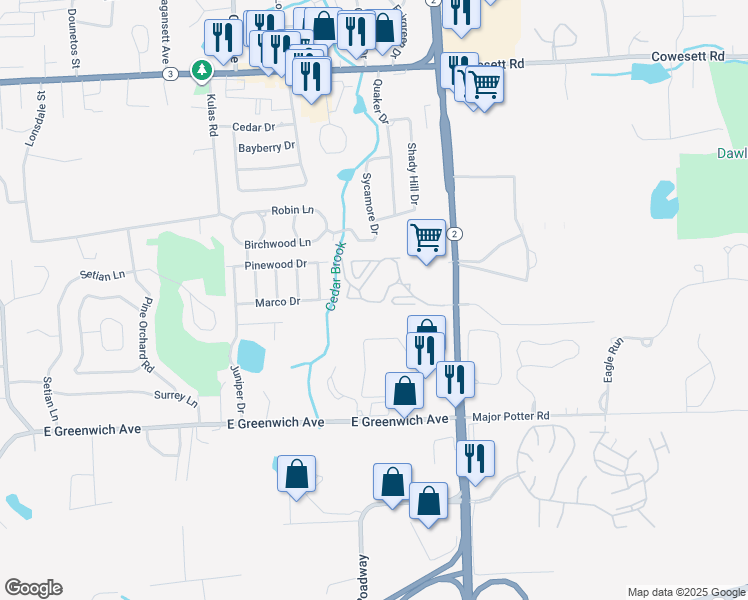 map of restaurants, bars, coffee shops, grocery stores, and more near 40 Greenwich Way West in West Warwick
