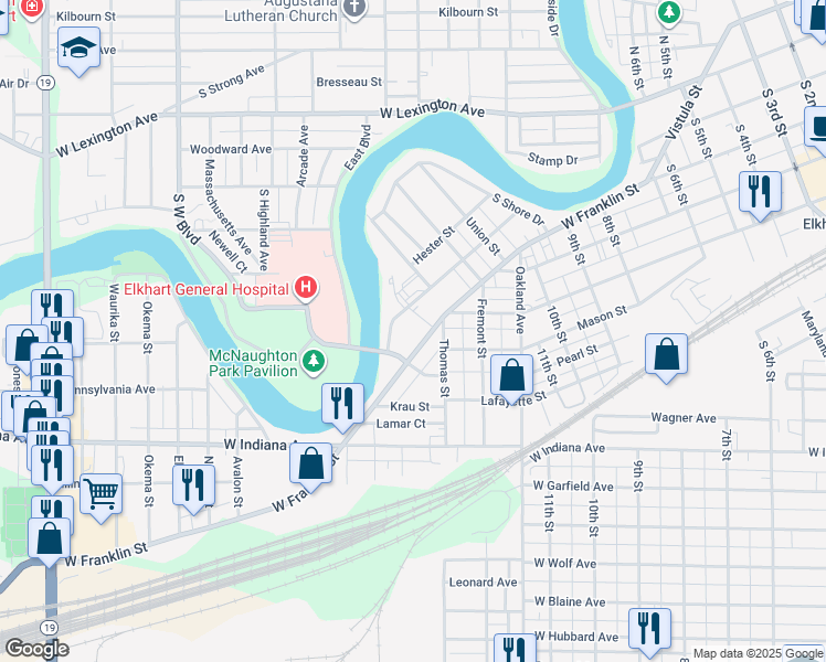 map of restaurants, bars, coffee shops, grocery stores, and more near 1400 West Franklin Street in Elkhart